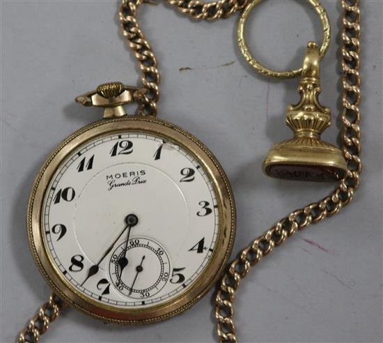 A 9ct gold albert, a gold overlaid and carnelian fob seal and a gold plated dress pocket watch.